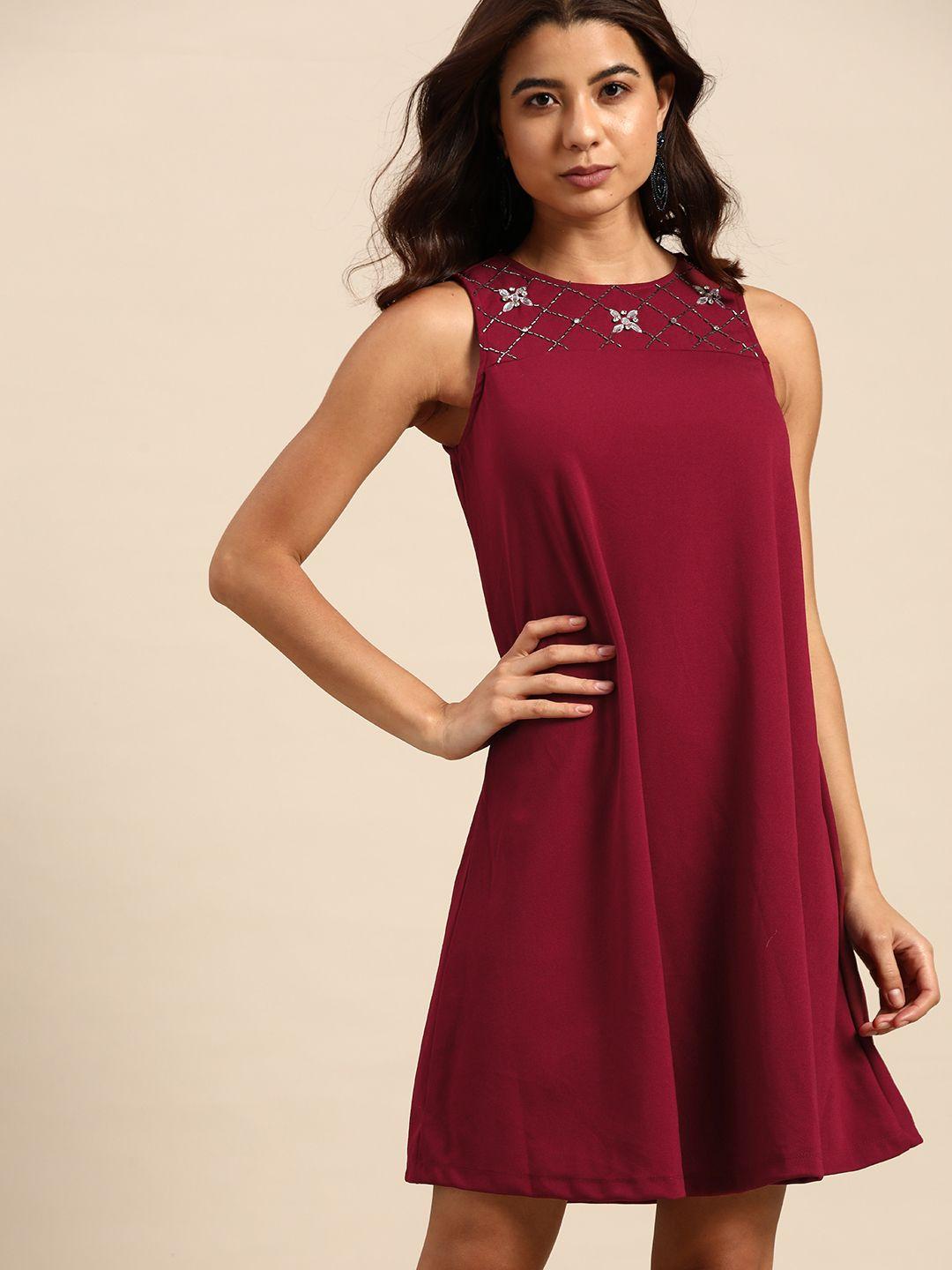 all about you maroon solid a-line dress with embellished detail