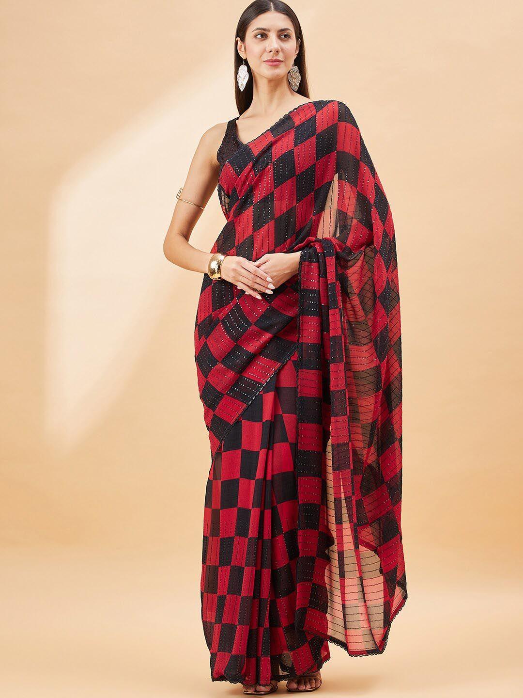 all about you multicoloured checked sequinned pure georgette saree