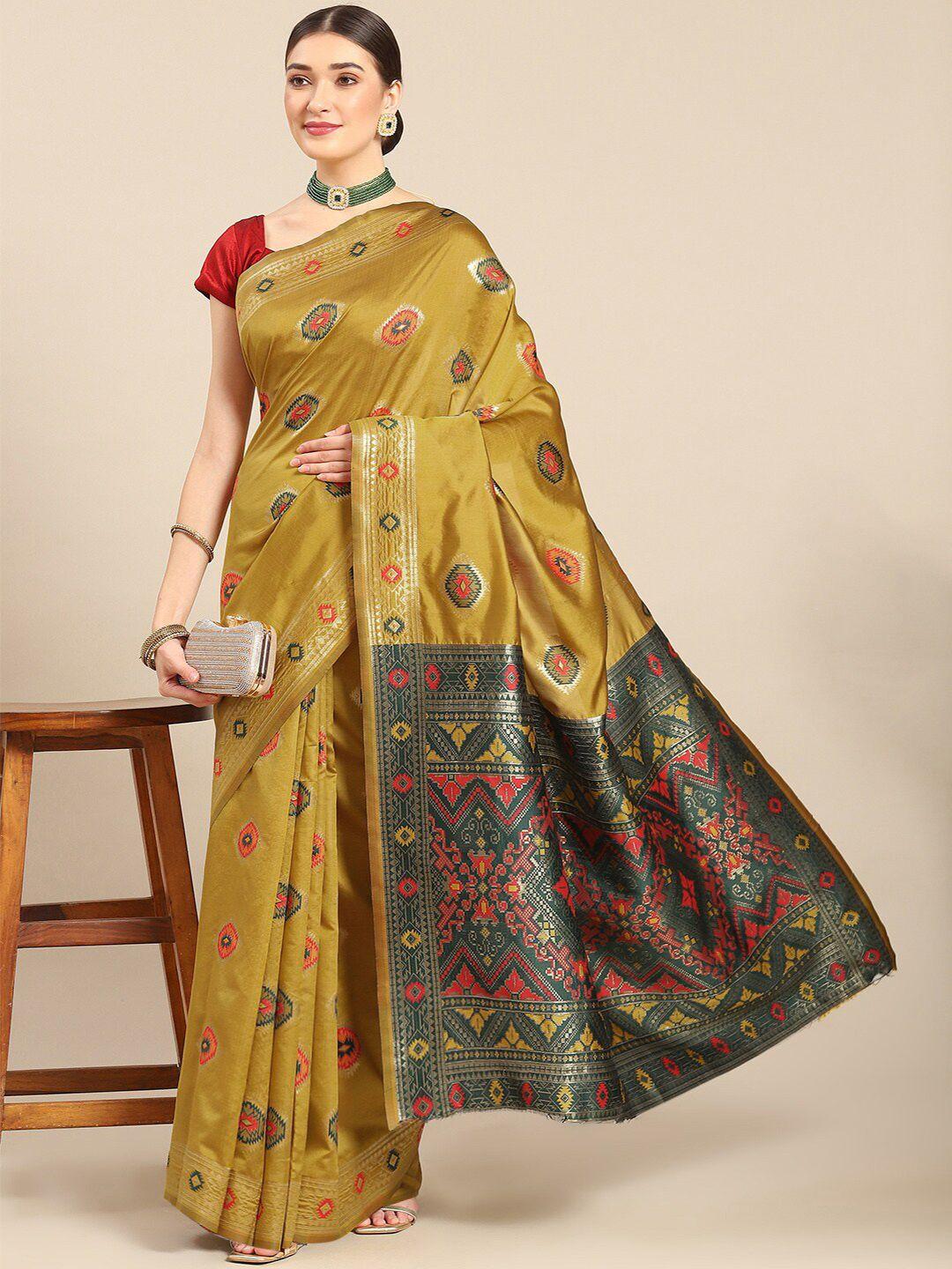 all about you mustard & red woven design zari silk blend kanjeevaram saree