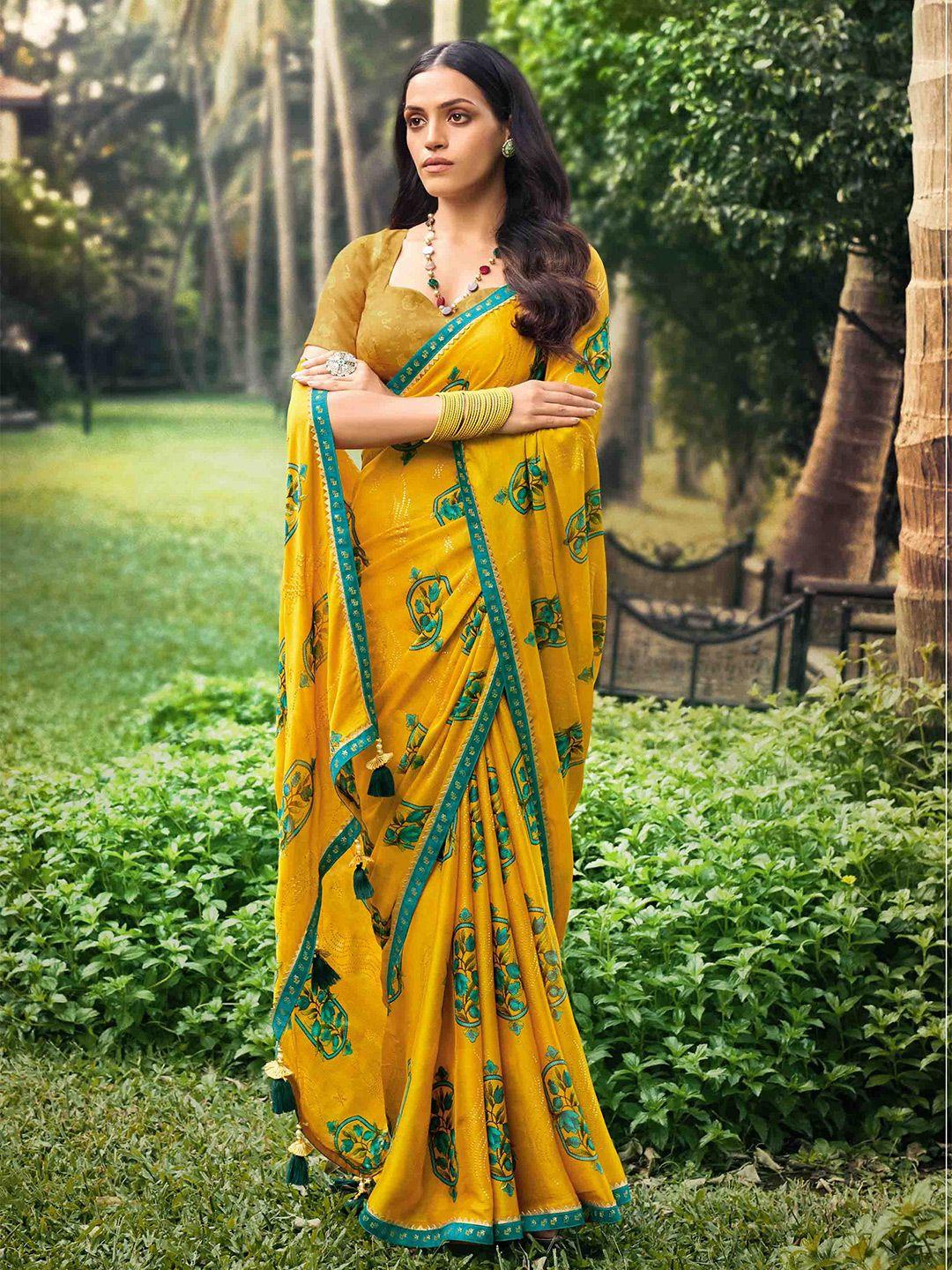 all about you mustard & teal floral printed embellished saree