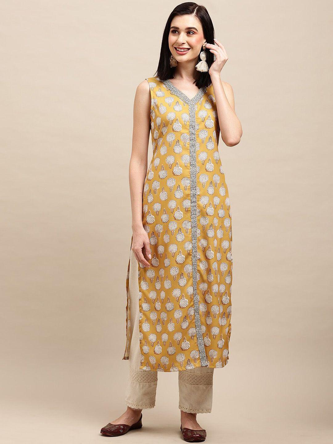all about you mustard ethnic motifs printed v-neck straight kurta
