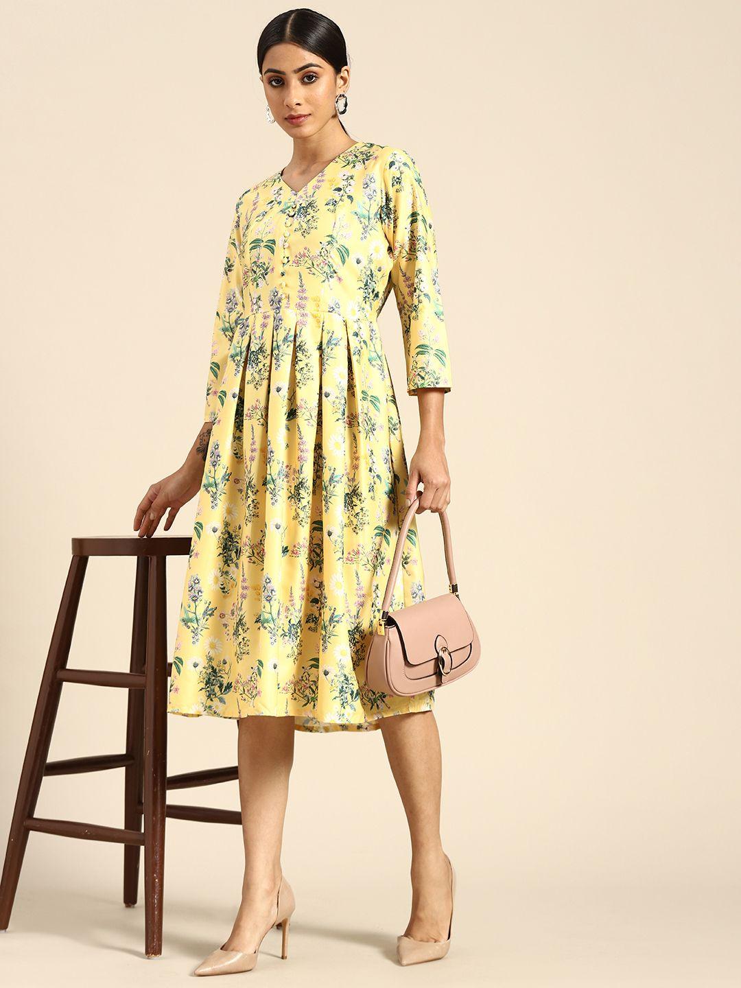 all about you mustard yellow & green floral crepe a-line midi dress