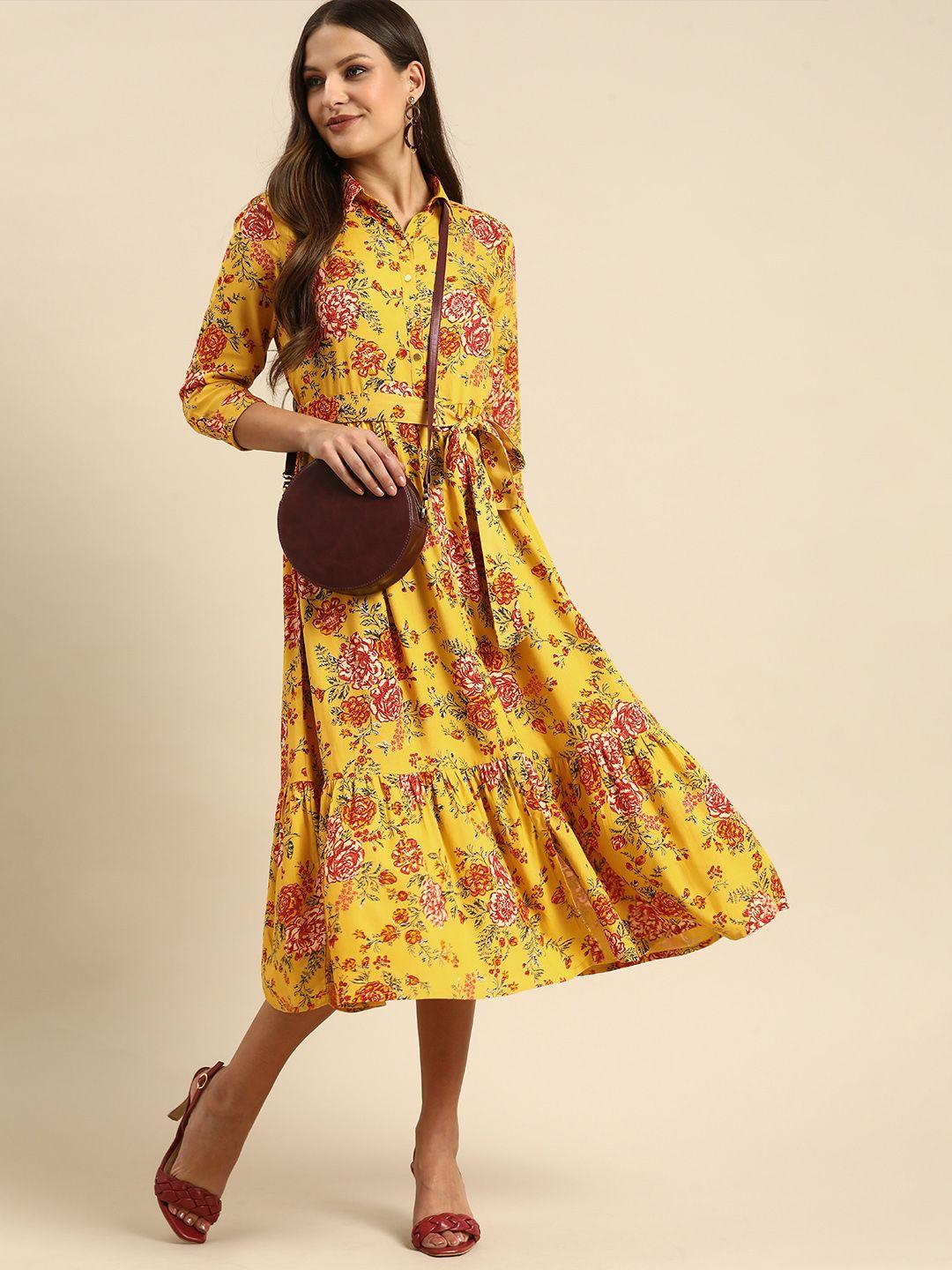 all about you mustard yellow & maroon tropical shirt tiered midi dress with a belt