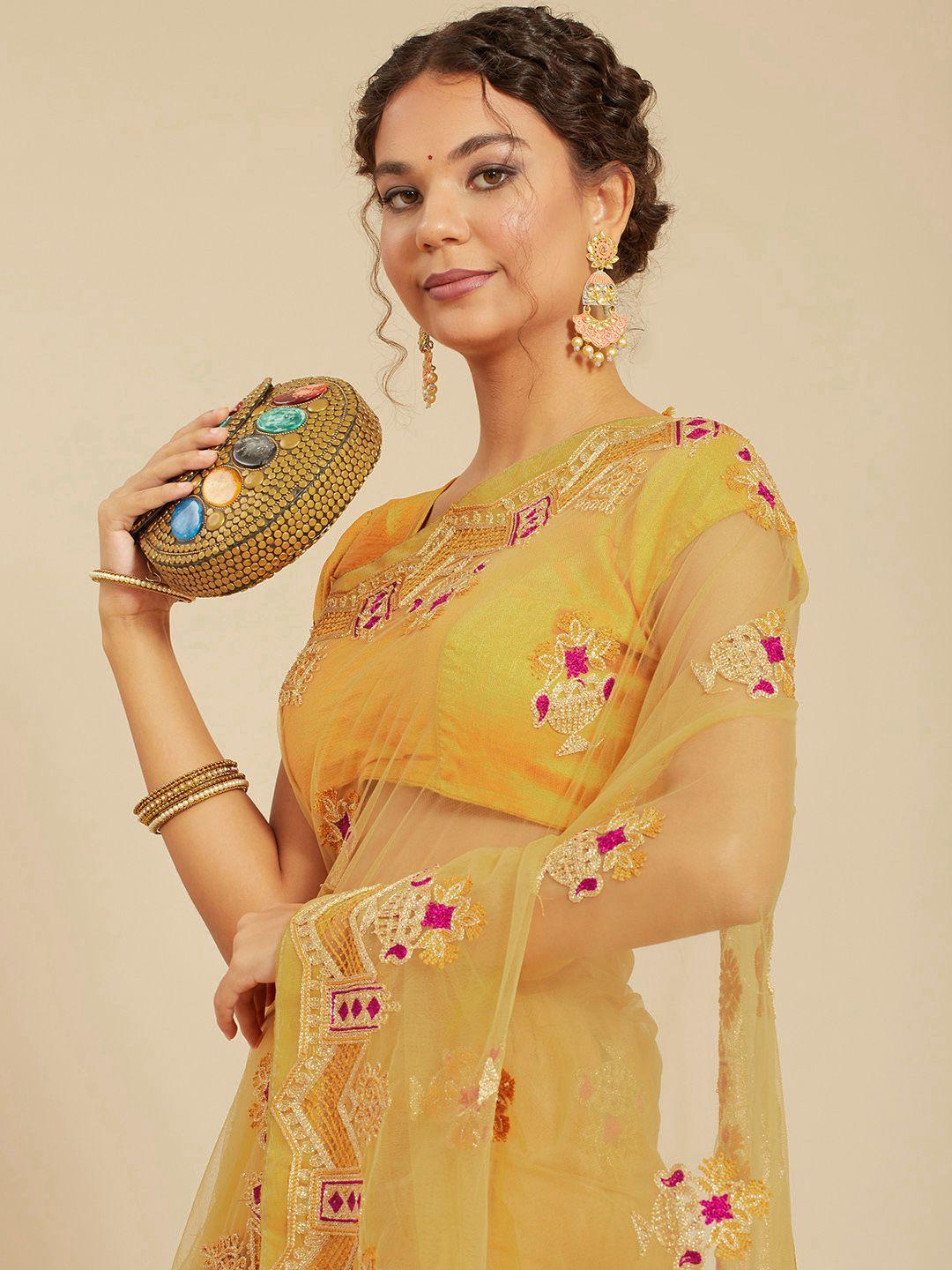 all about you mustard yellow ethnic motifs embroidered net saree