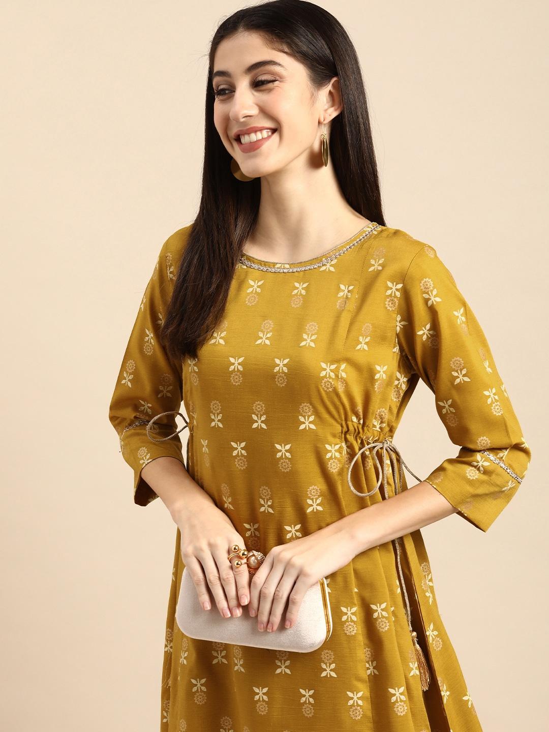 all about you mustard yellow ethnic motifs ethnic a-line midi dress