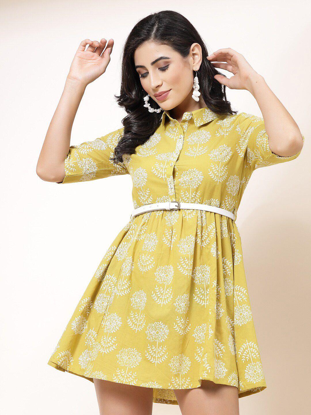 all about you mustard yellow floral printed shirt collar belted fit & flare mini dress