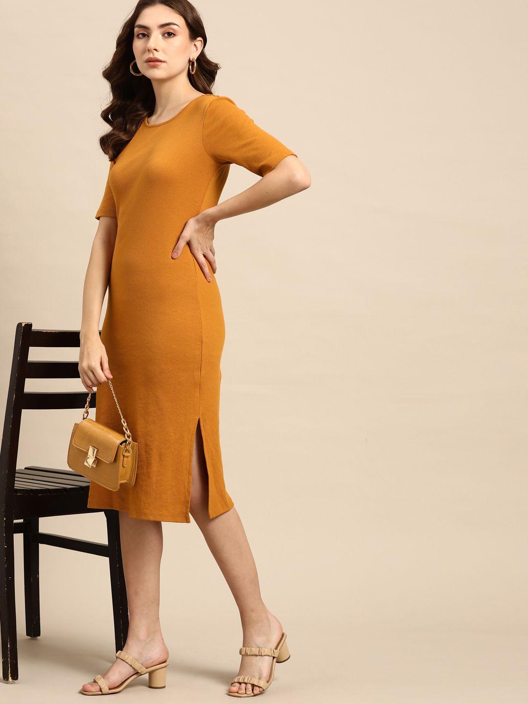 all about you mustard yellow solid knitted sheath dress