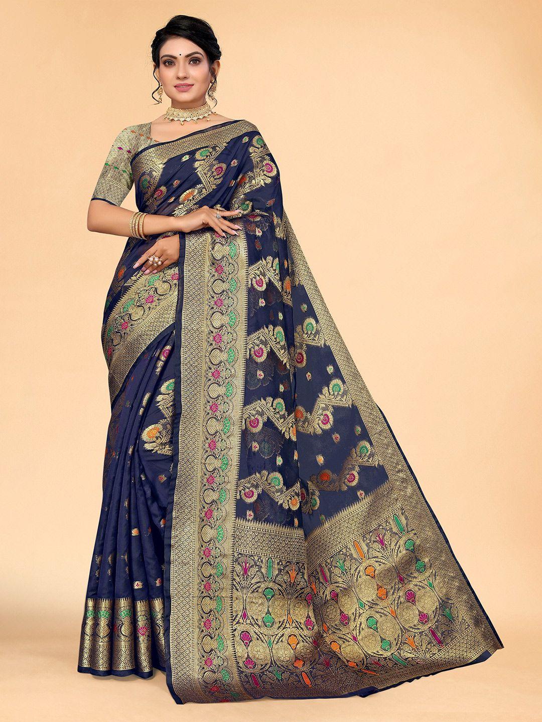 all about you navy blue & gold-toned ethnic motifs organza saree