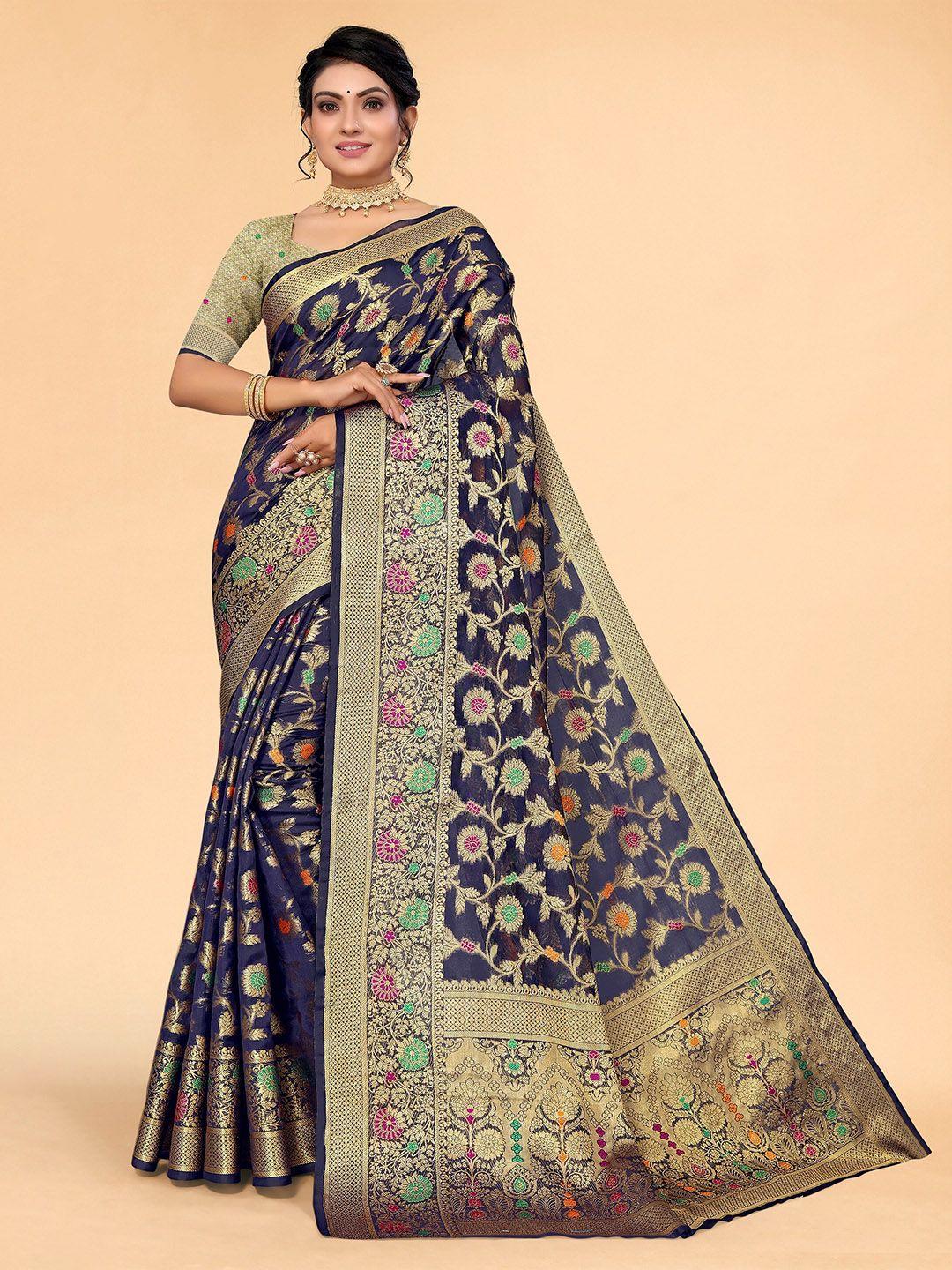 all about you navy blue & gold-toned floral organza saree