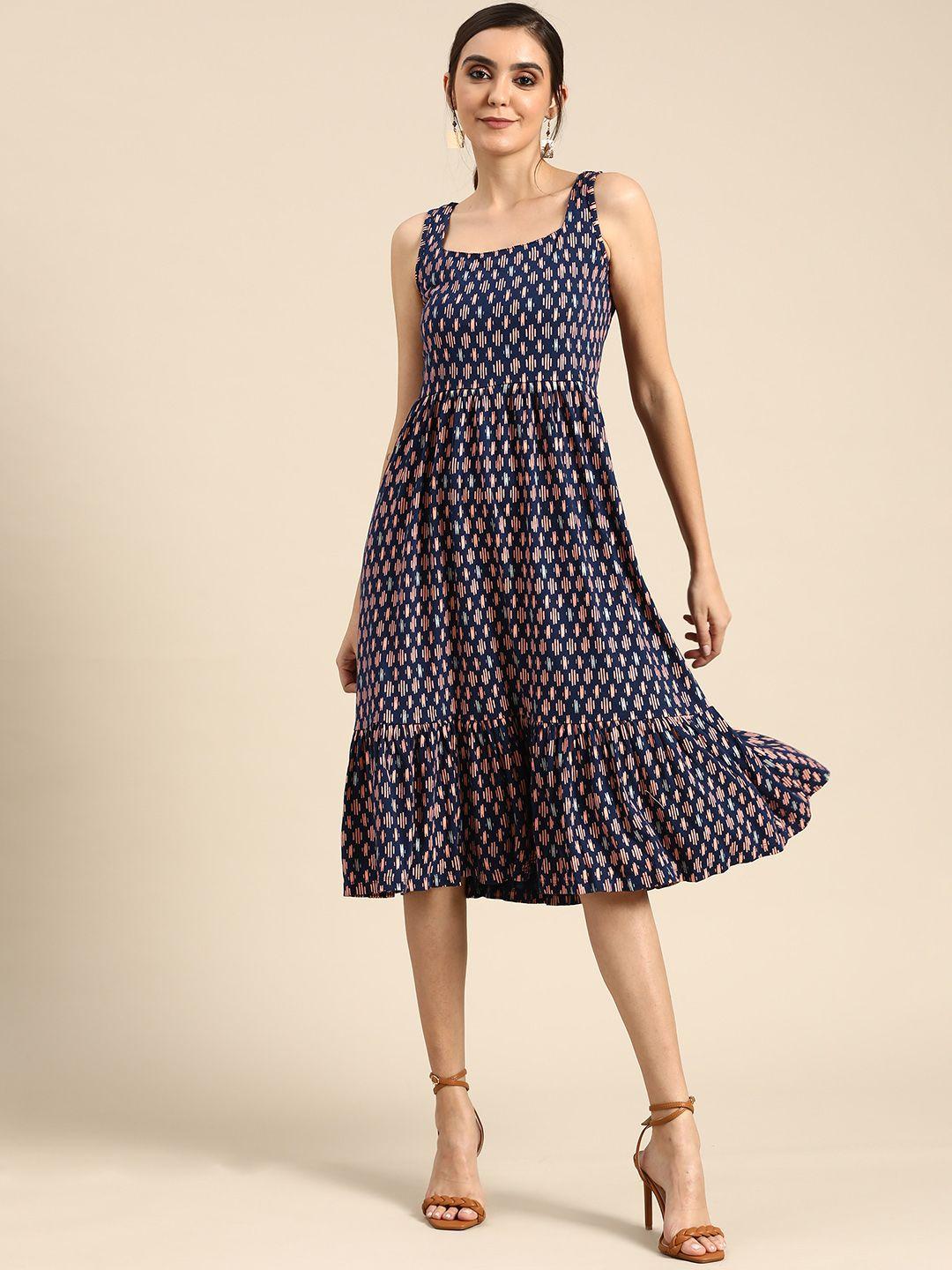 all about you navy blue & peach-coloured printed a-line midi dress
