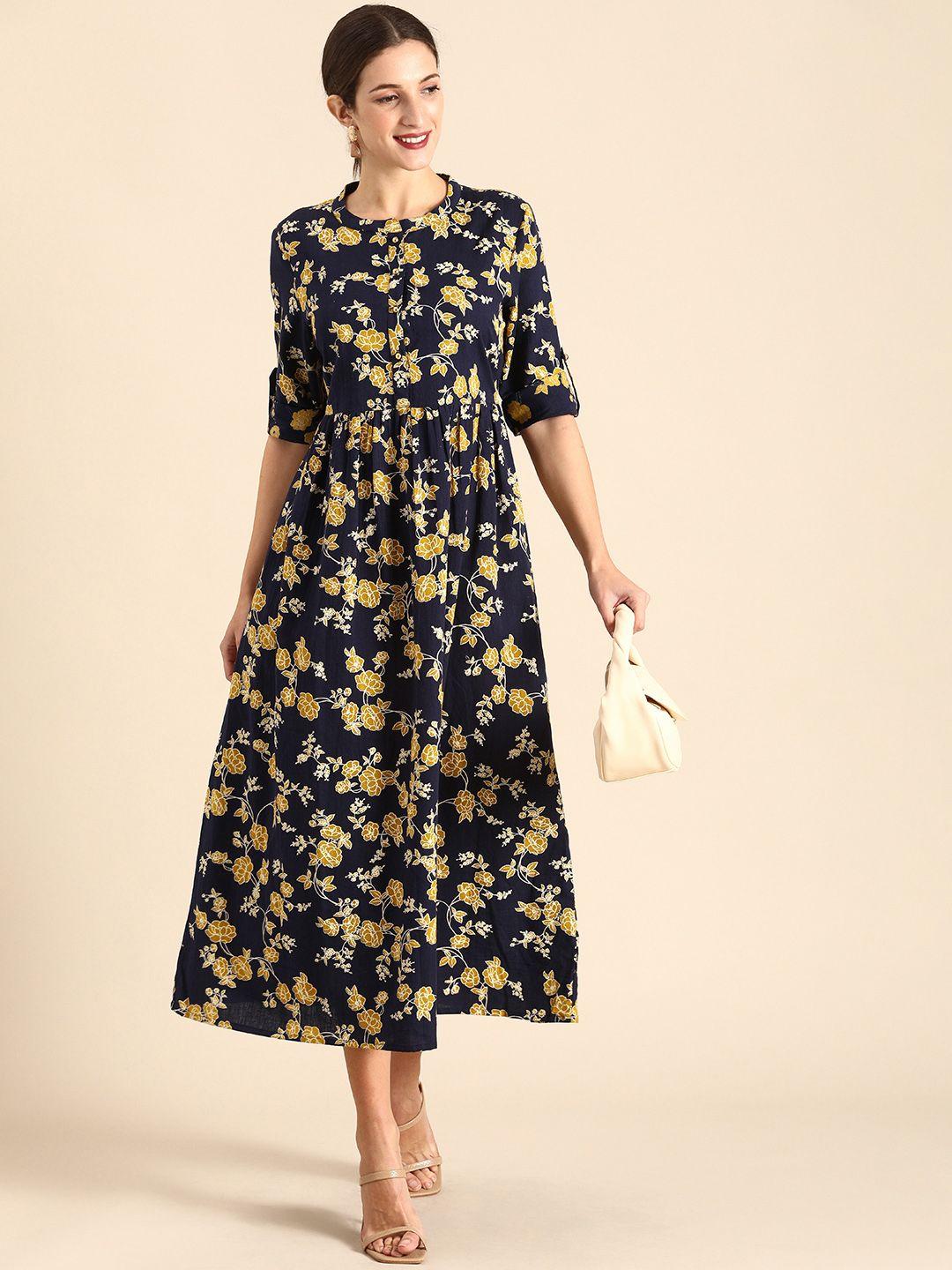 all about you navy blue & yellow floral pure cotton midi dress