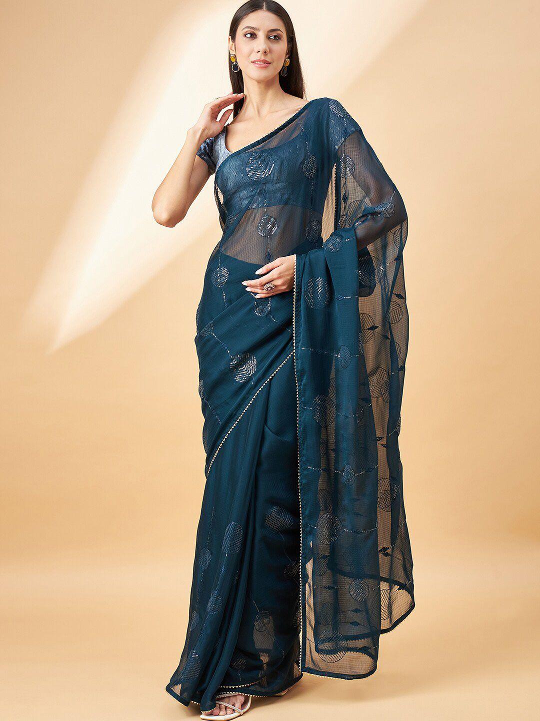 all about you navy blue embellished sequinned pure chiffon saree