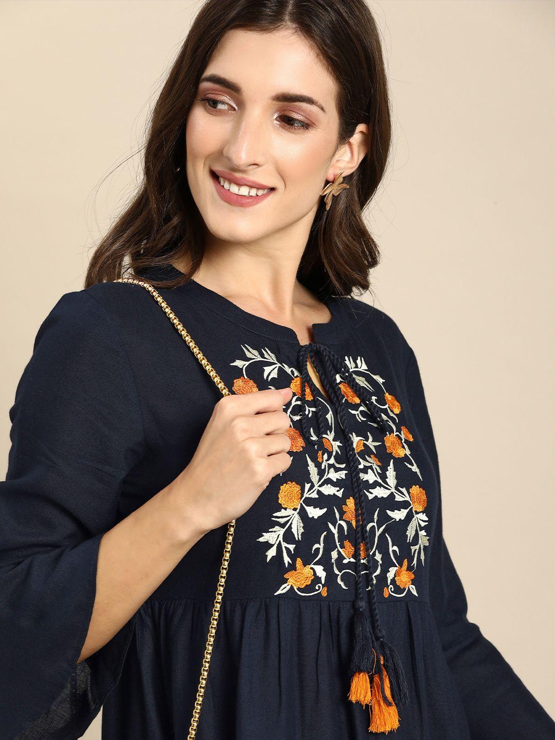 all about you navy blue floral embroidered a-line midi dress