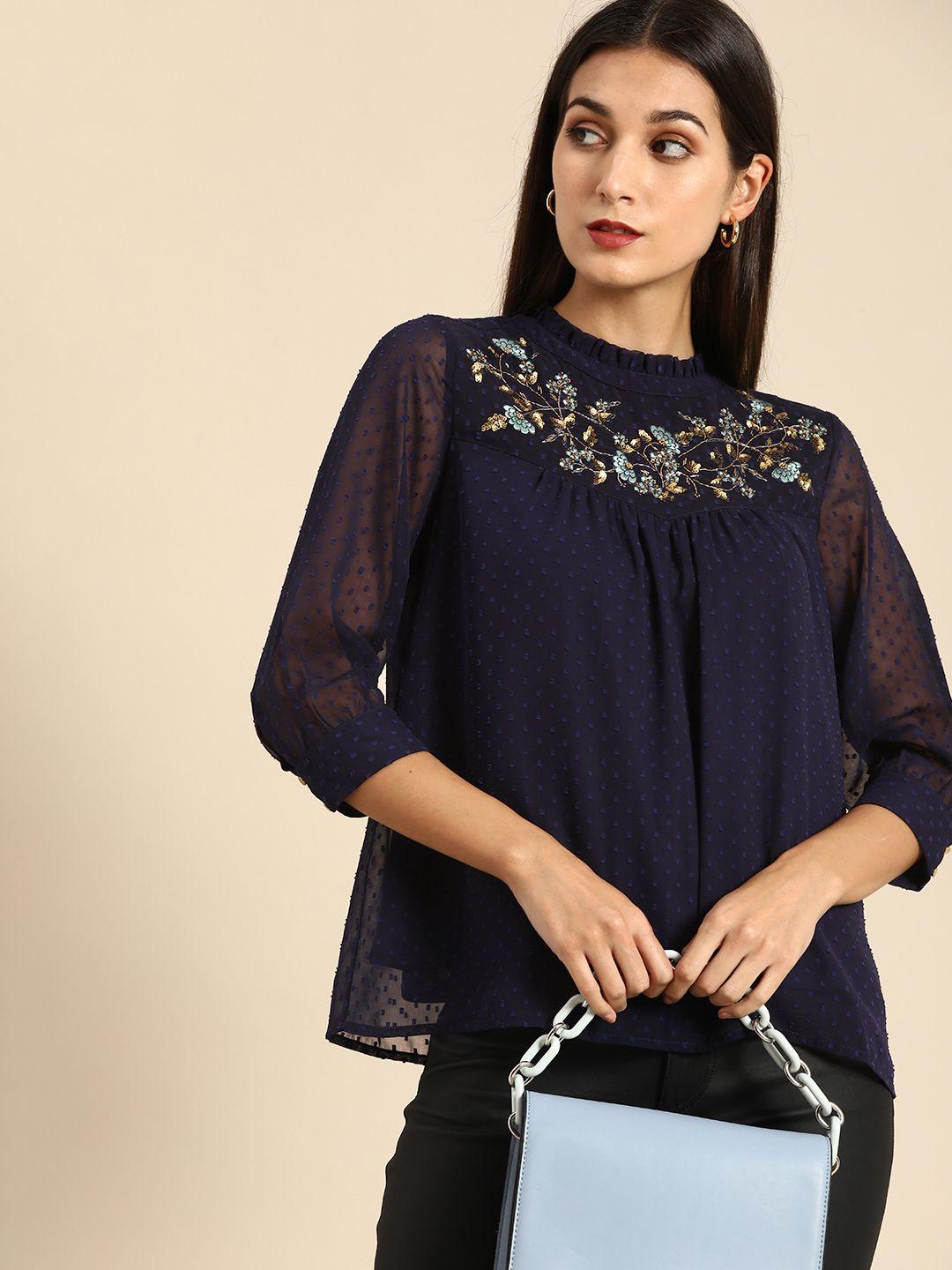 all about you navy blue floral embroidered embellised top
