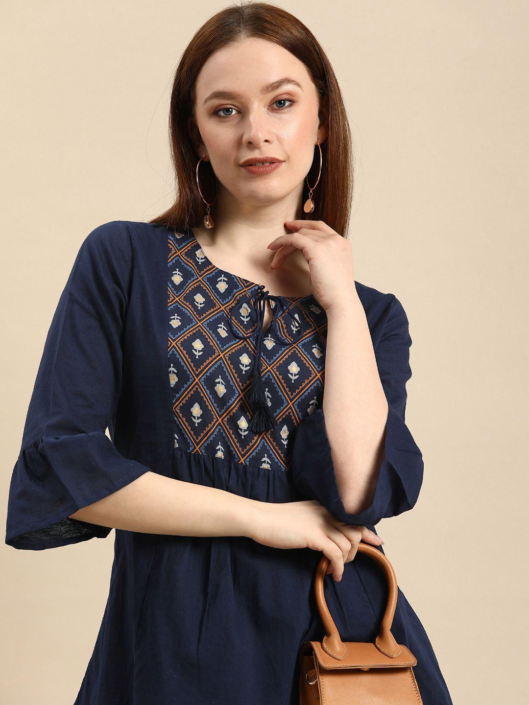 all about you navy blue floral yoke design pure cotton kurti