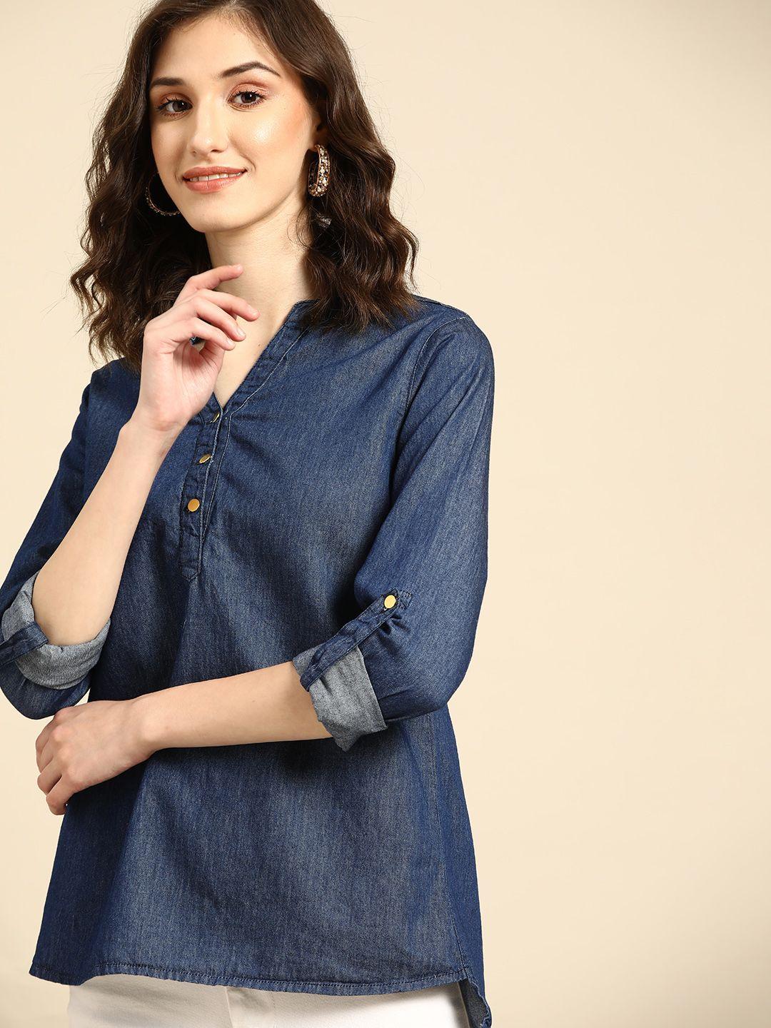 all about you navy blue mid wash denim roll-up sleeves shirt style top