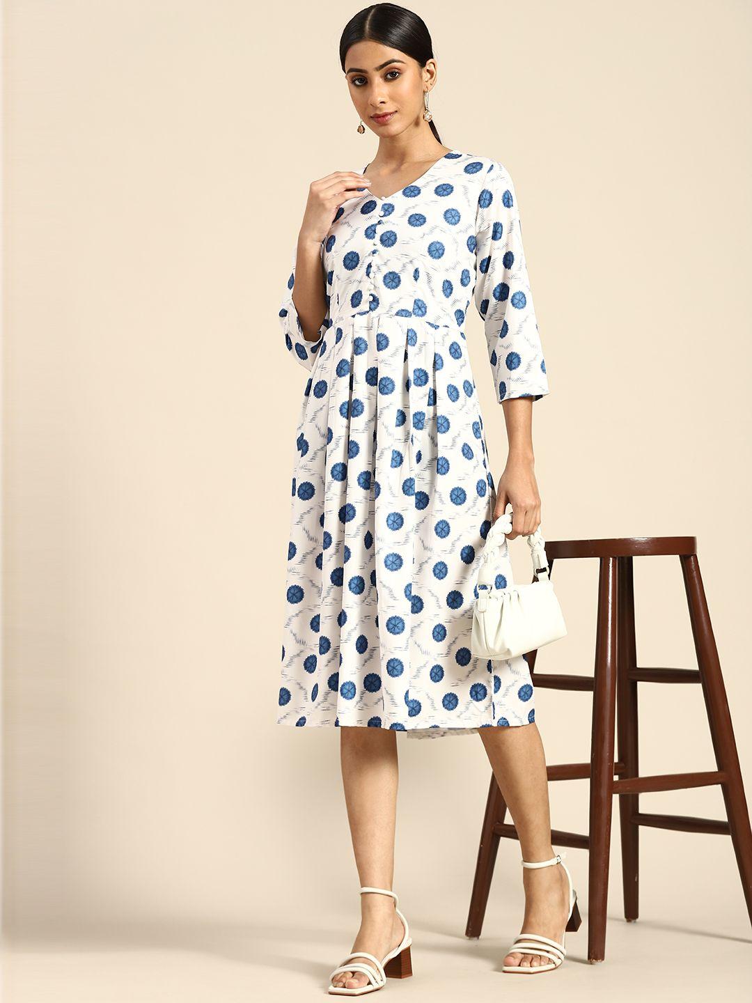 all about you off white & blue crepe a-line midi dress