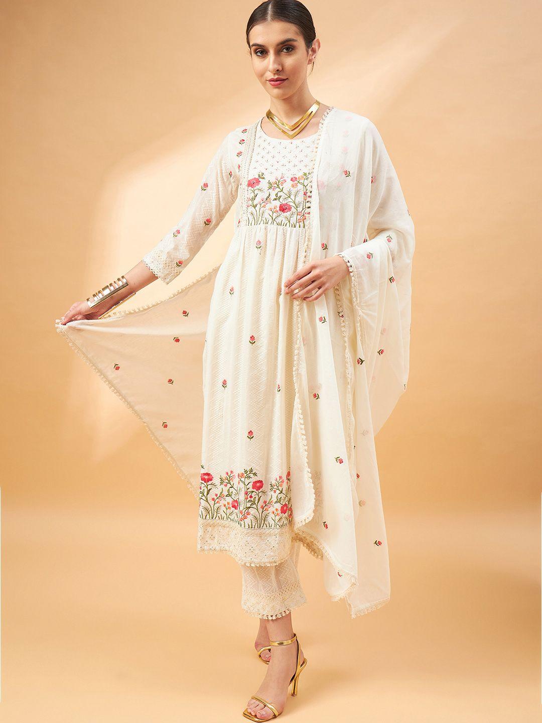 all about you off white floral embroidered pure cotton a-line kurta & trouser with dupatta