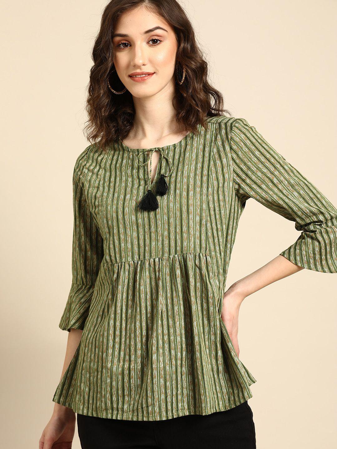 all about you olive green & black stripe printed bell sleeves pure cotton kurti