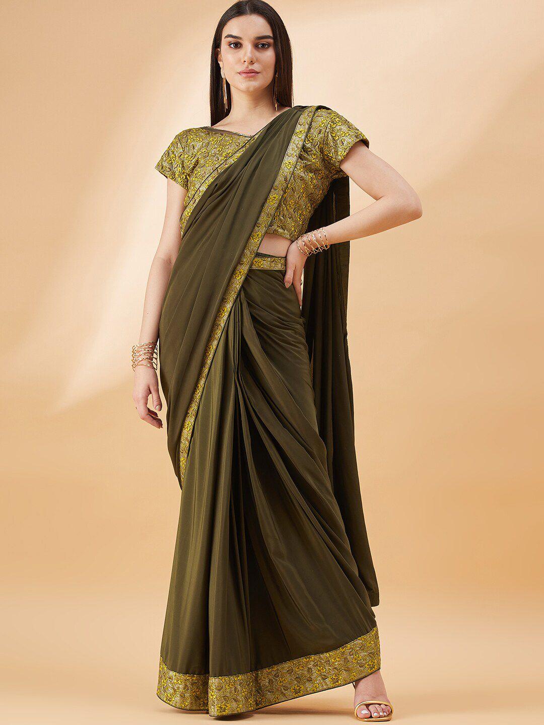 all about you olive green & green embroidered poly georgette designer saree