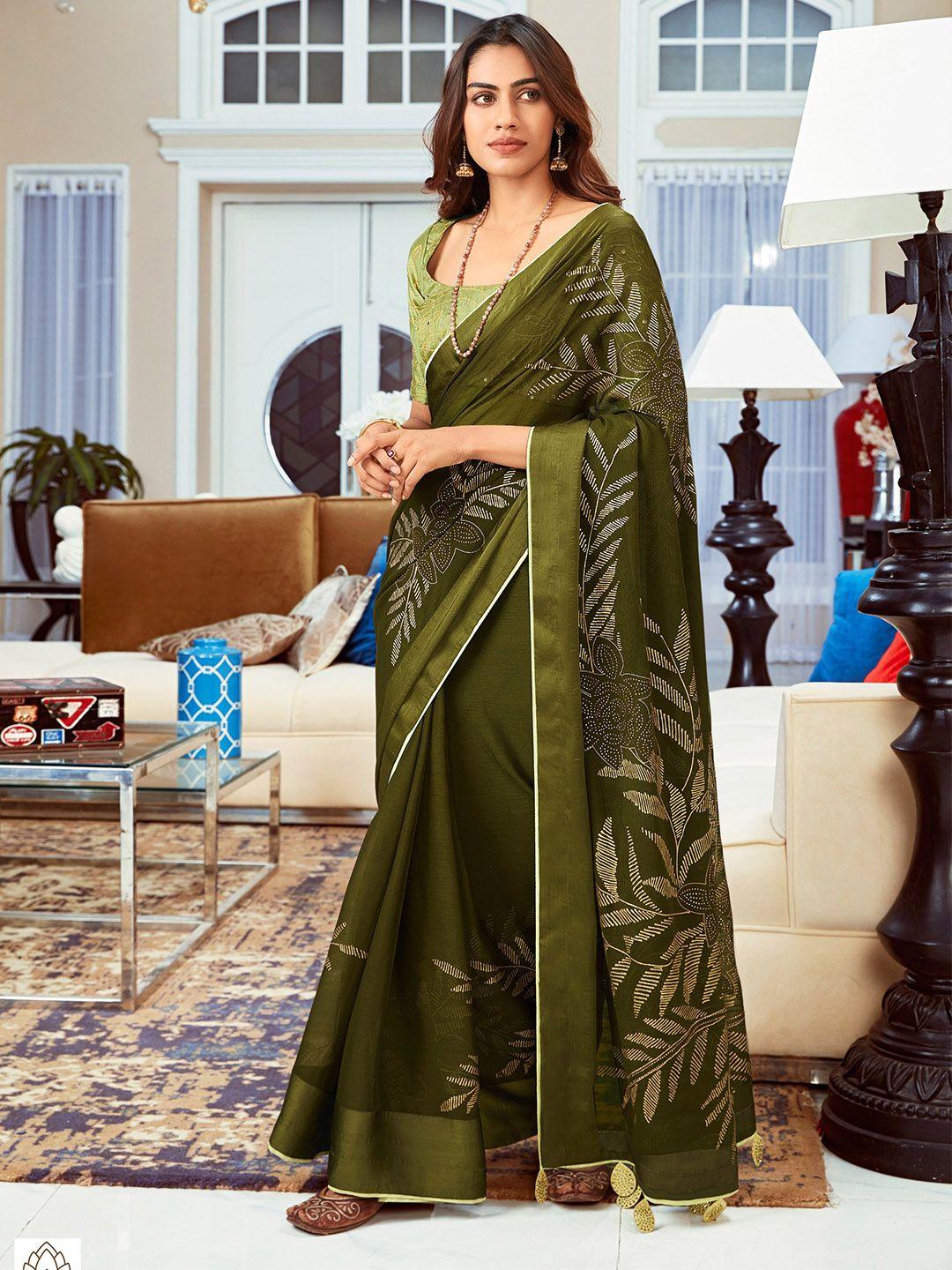 all about you olive green & white floral printed stone work pure chiffon saree