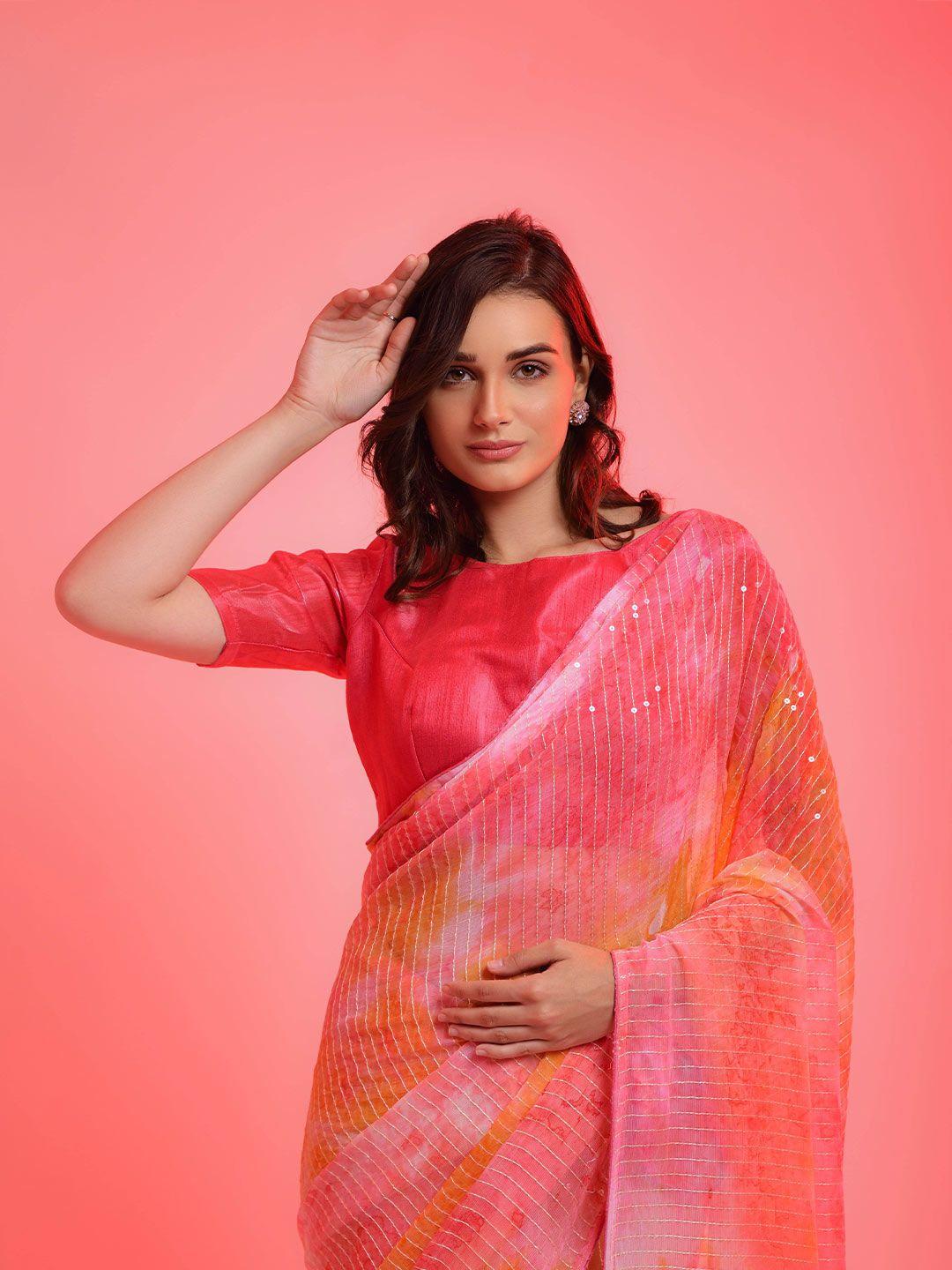 all about you orange & pink embellished sequinned saree