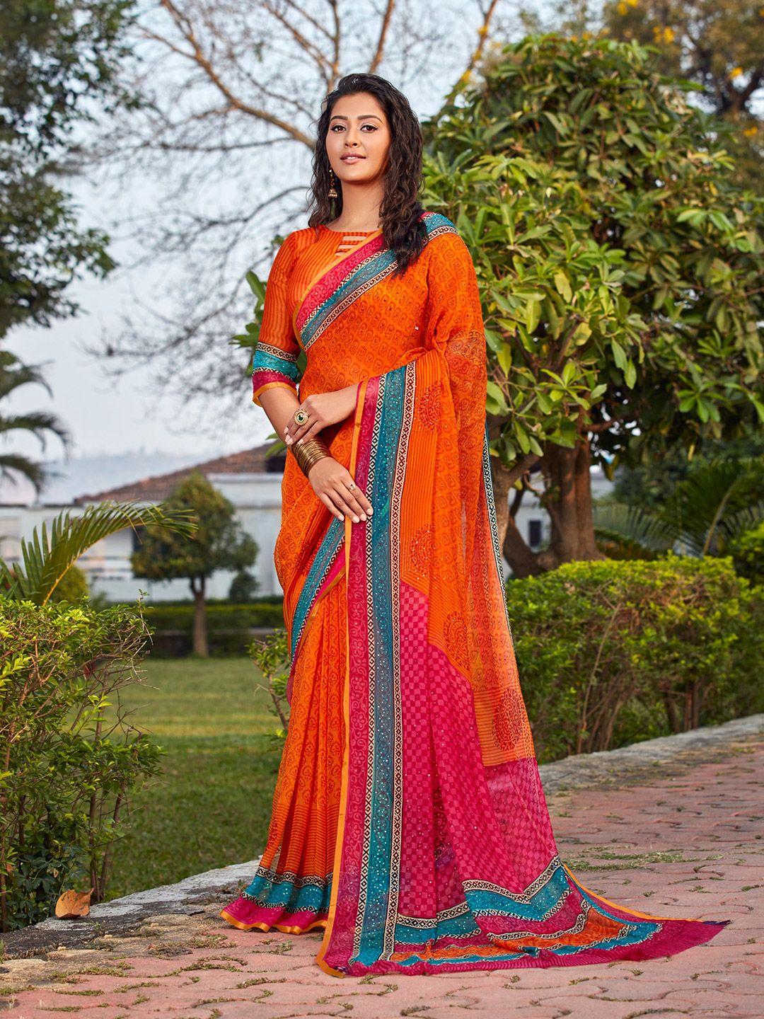 all about you orange & pink ethnic motifs zari pure chiffon saree with blouse piece