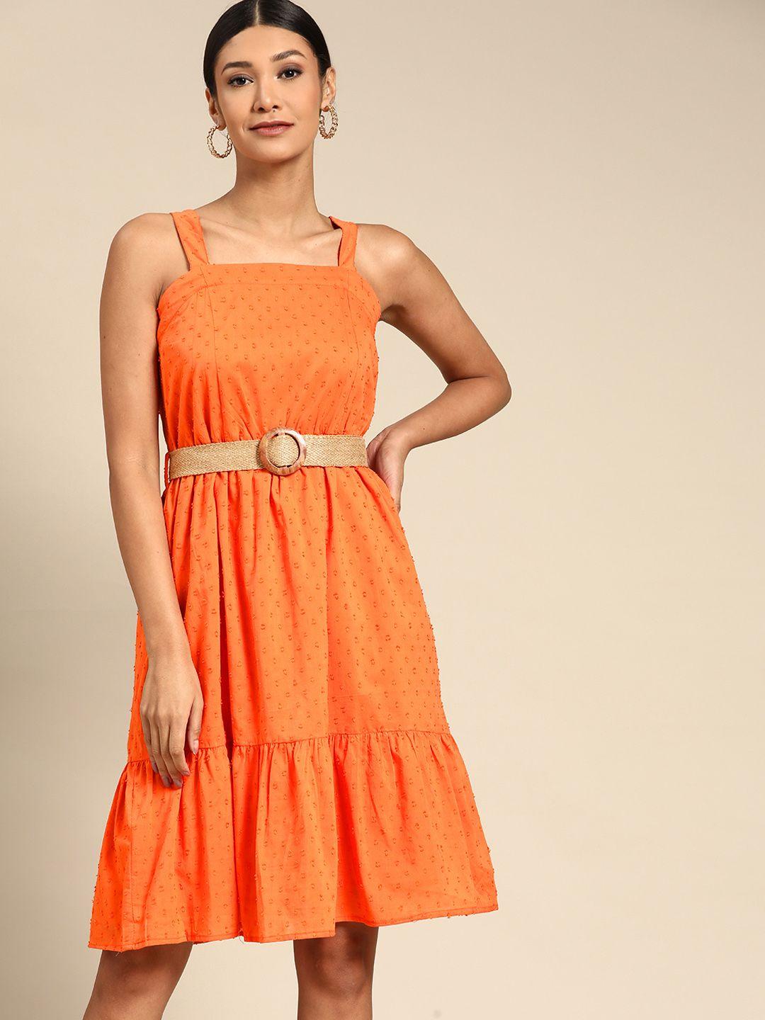 all about you orange dobby weave tiered cotton dress