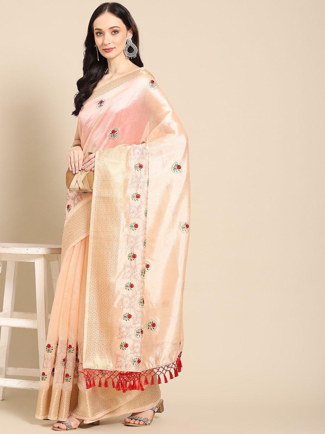 all about you peach-coloured & red floral zari saree