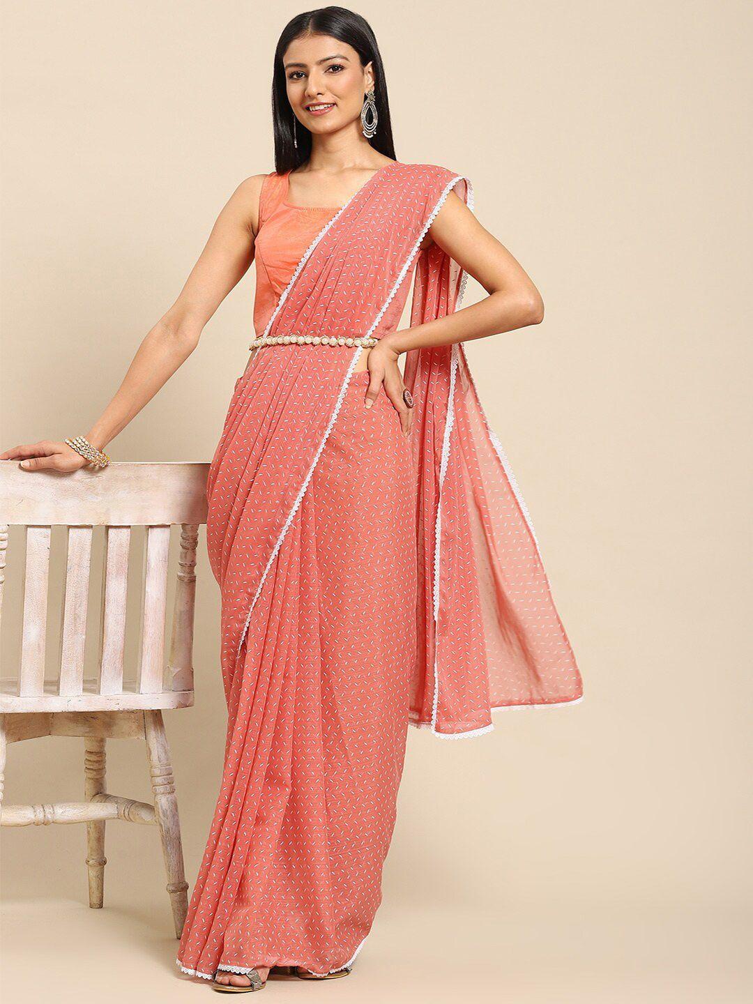 all about you peach-coloured & white abstract printed poly chiffon saree