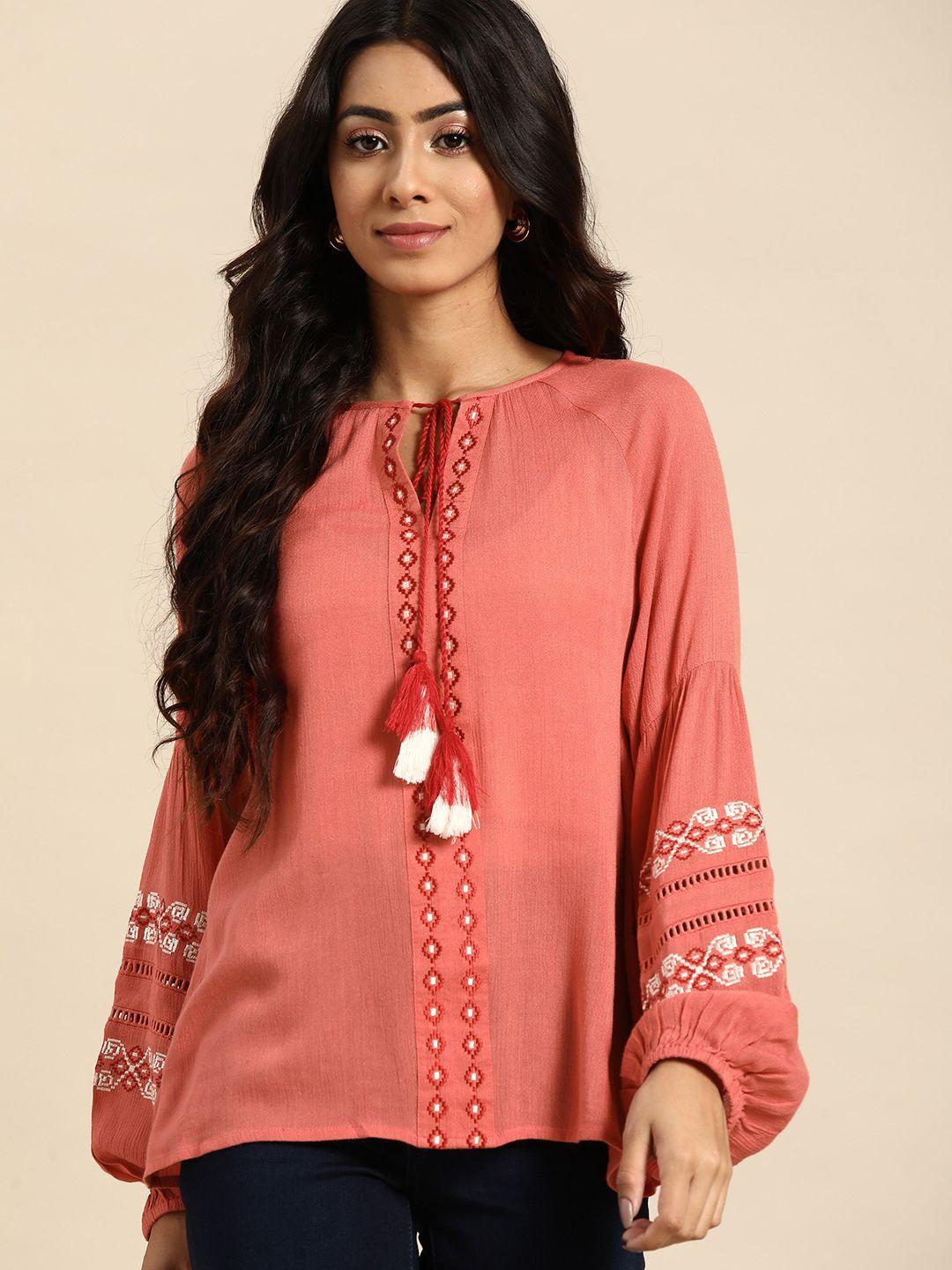 all about you peach-coloured embroidered tie-up neck top