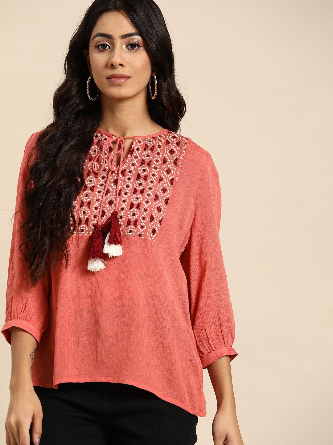 all about you peach-coloured embroidered tie-up neck top