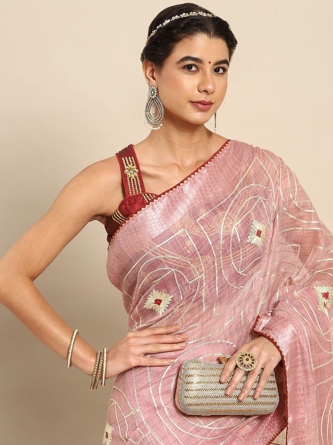 all about you peach-coloured ethnic motifs embroidered saree