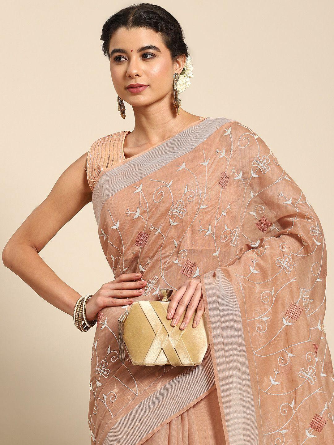 all about you peach-coloured ethnic motifs embroidered saree
