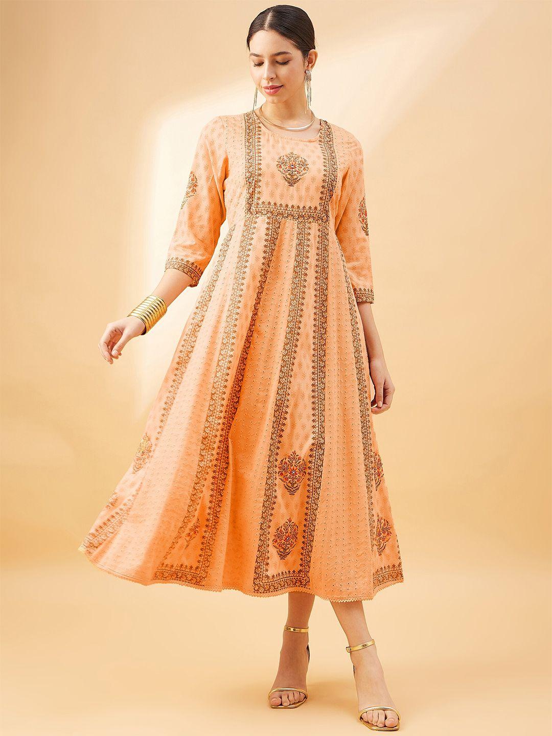 all about you peach-coloured ethnic motifs print empire midi dress