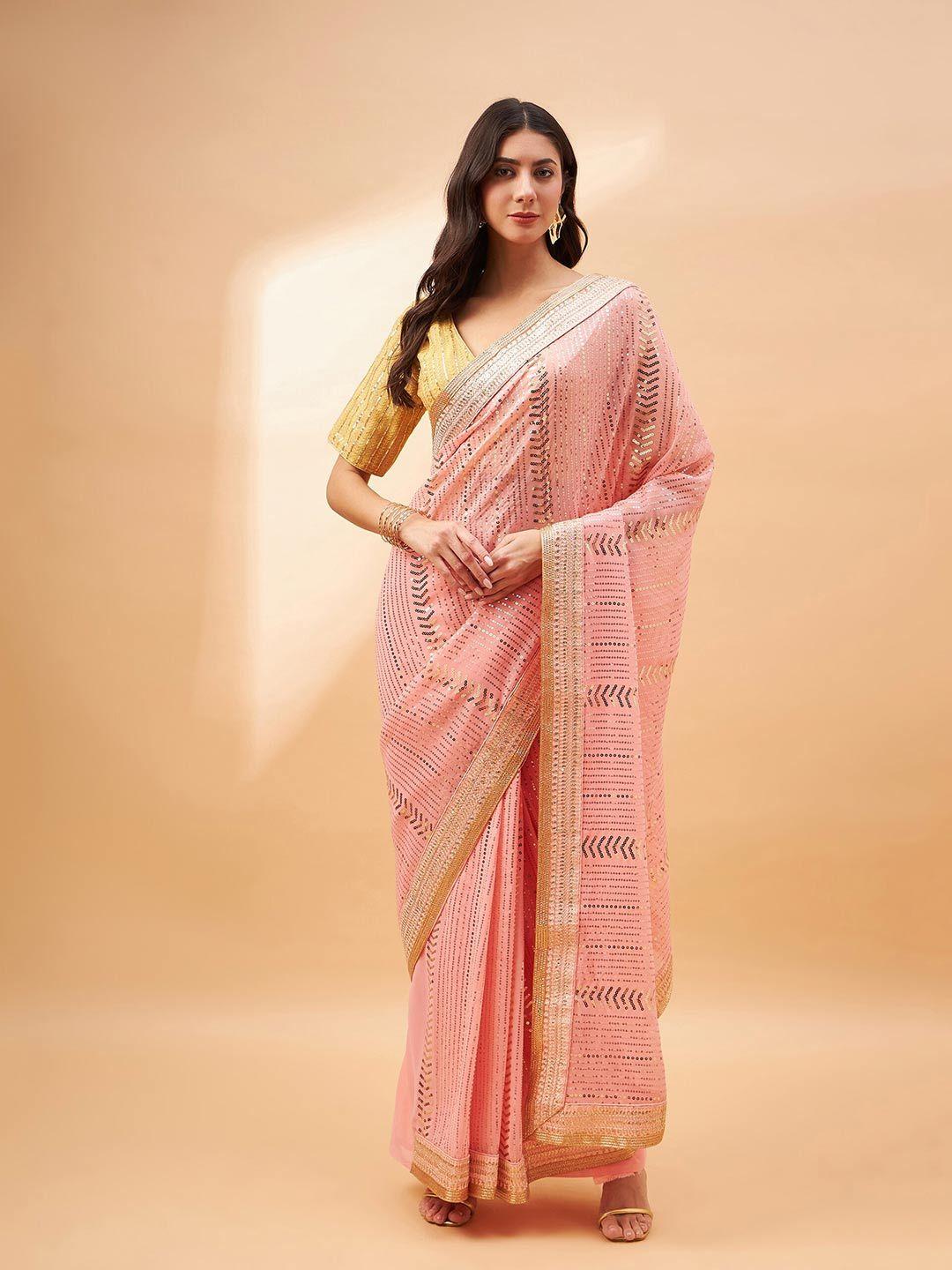 all about you peach-coloured ethnic motifs sequinned net banarasi saree