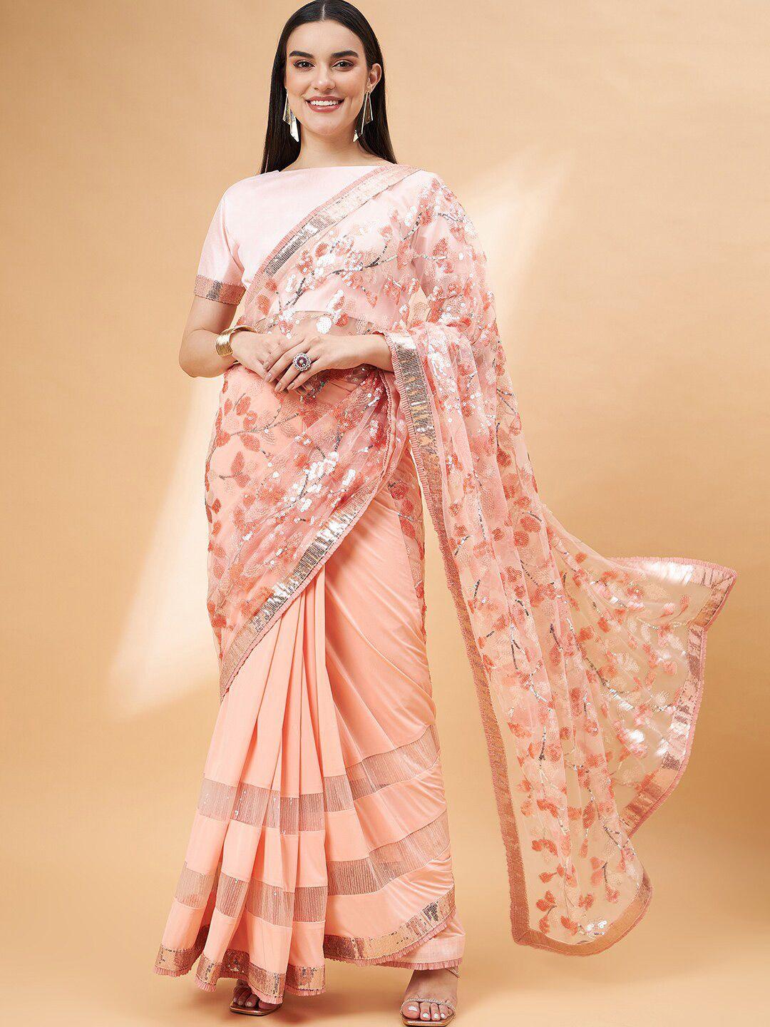 all about you peach-coloured floral embellished sequinned saree