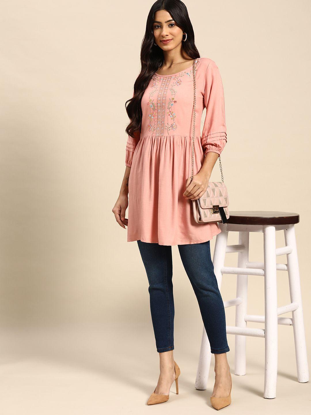 all about you peach-coloured floral embroidered longline top