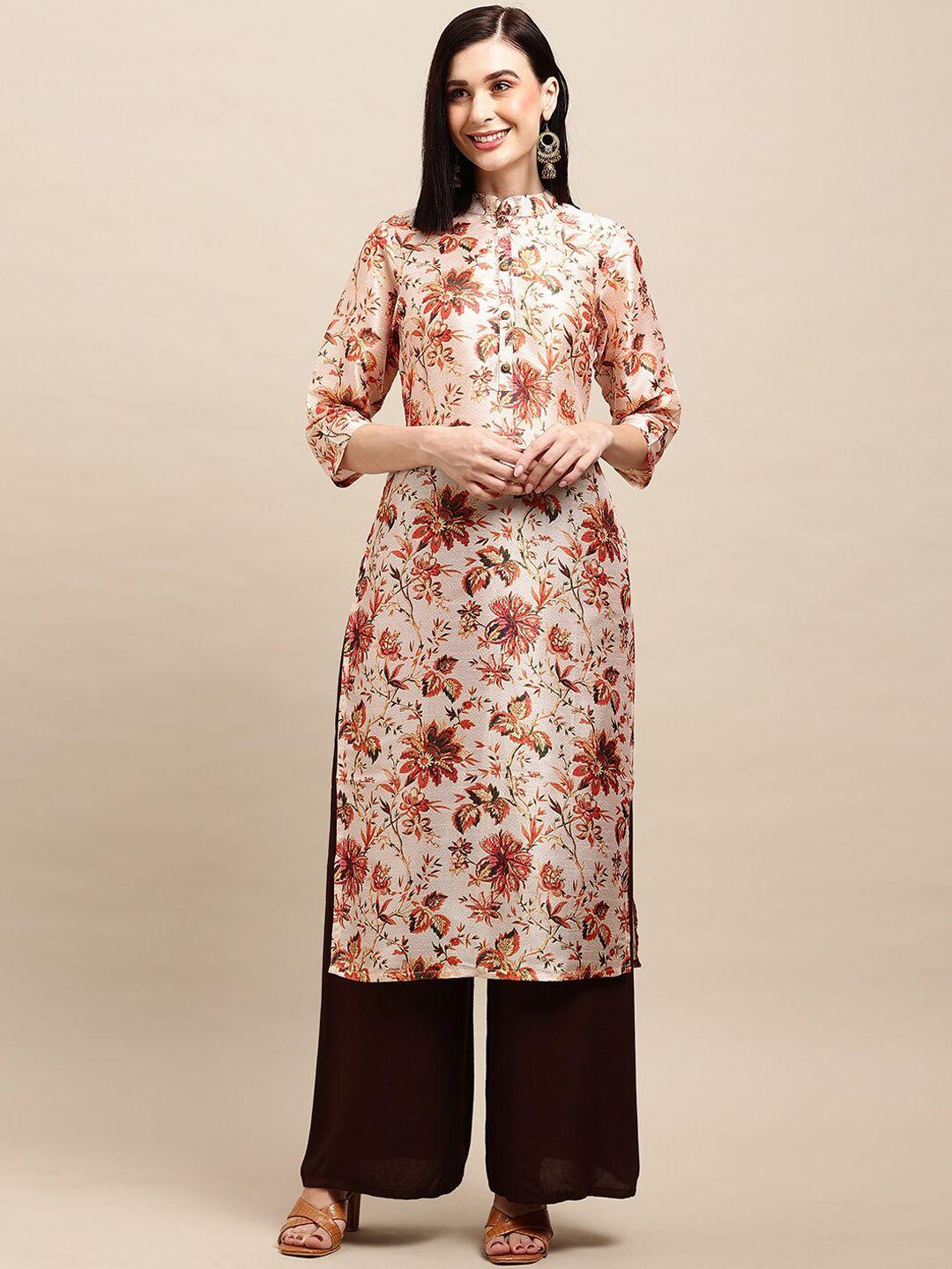 all about you peach-coloured red & black floral printed chanderi silk straight kurta