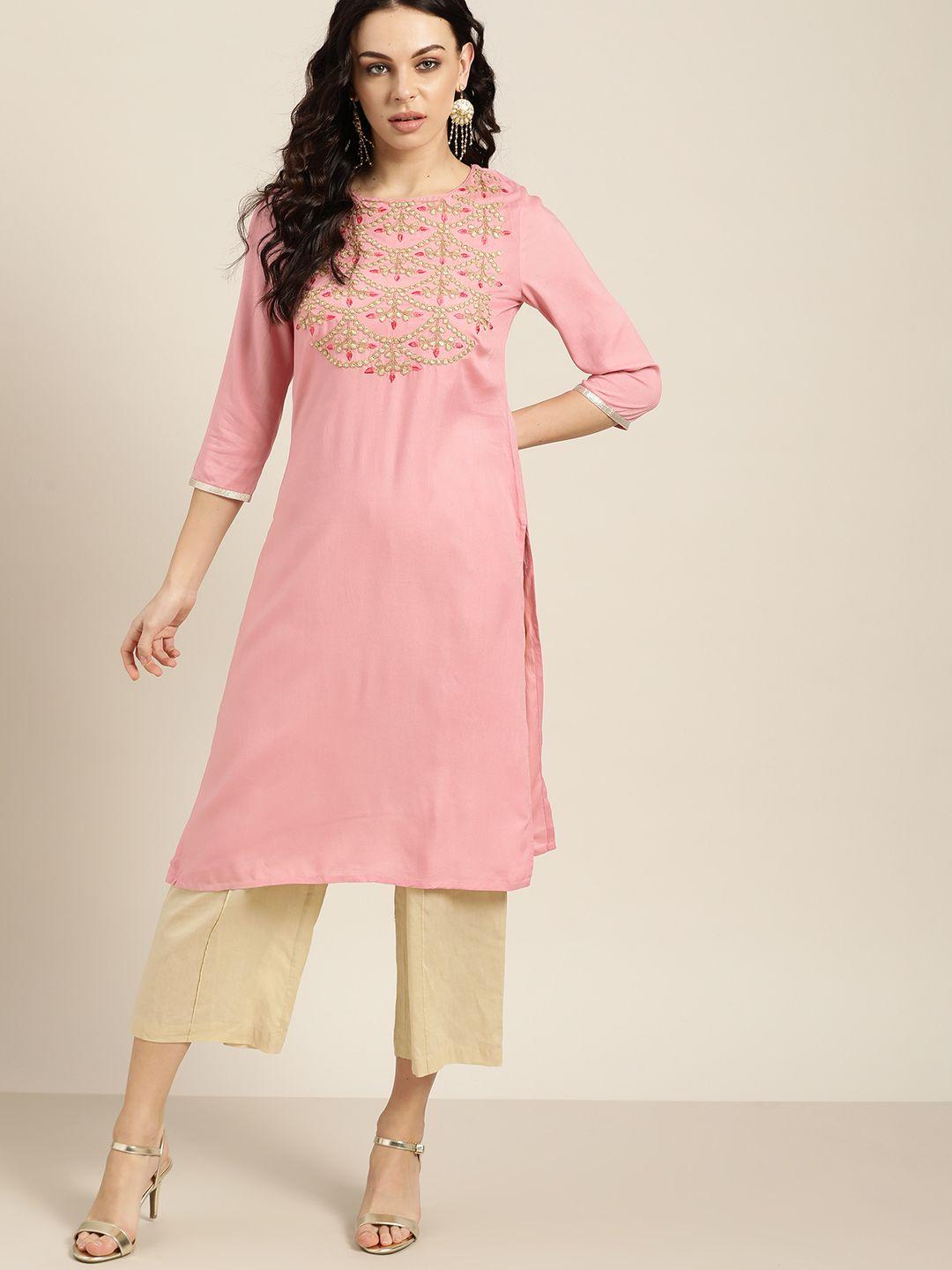 all about you pink & golden ethnic motifs embroidered kurta