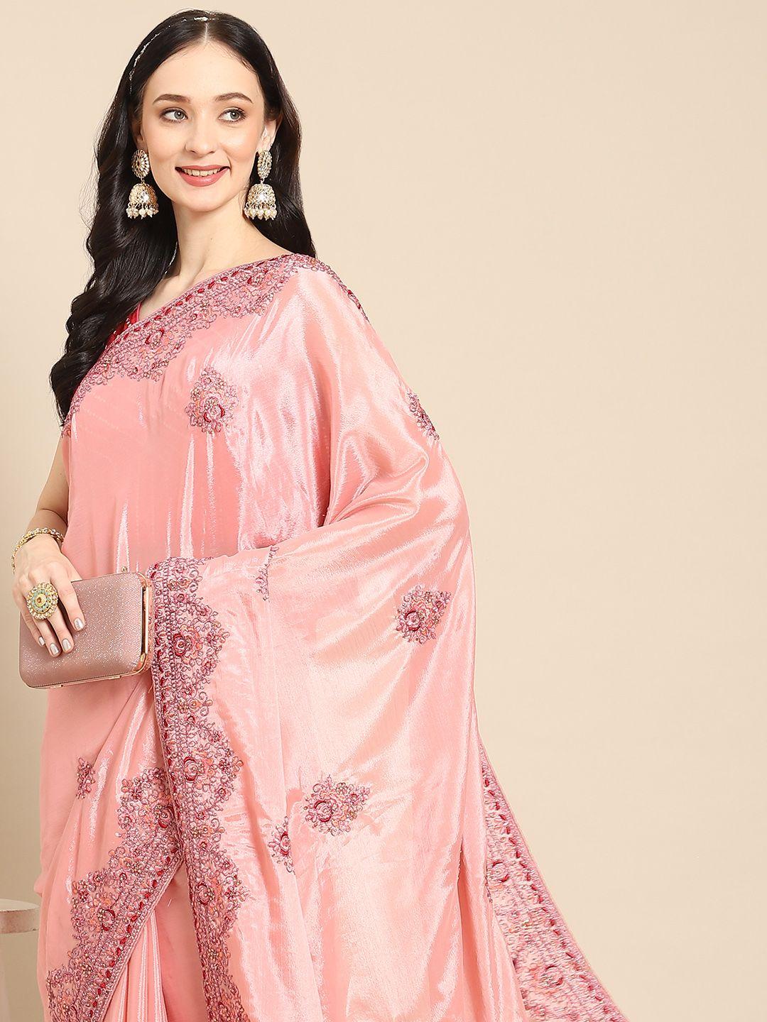 all about you pink ethnic motifs embroidered satin saree