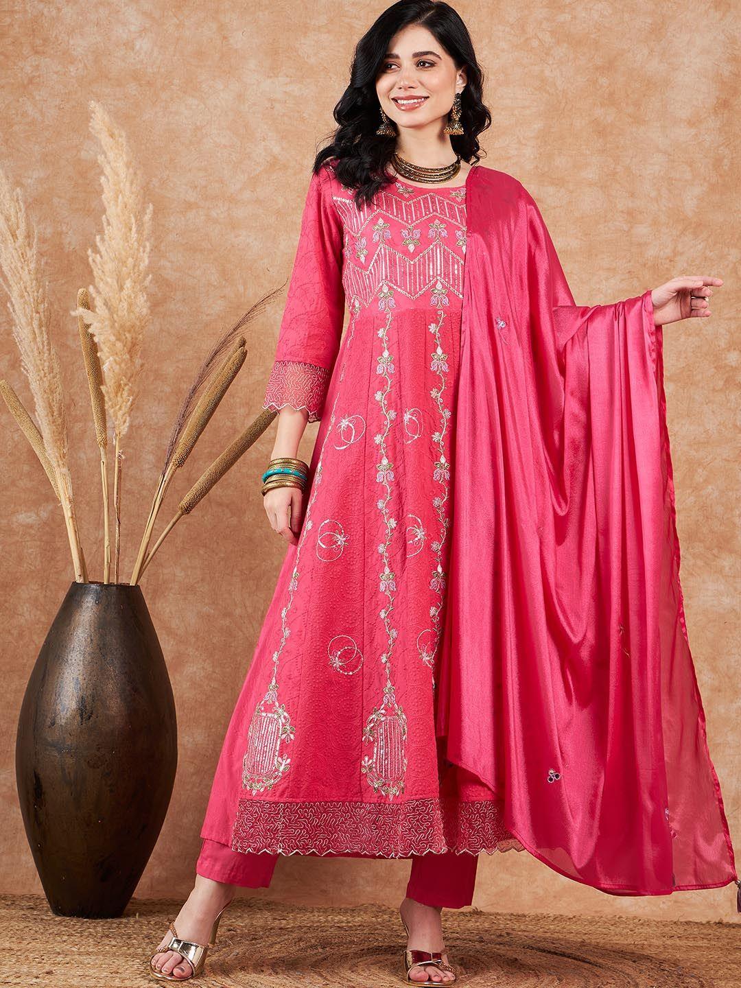 all about you pink floral embroidered schiffli pure cotton a-line kurta set