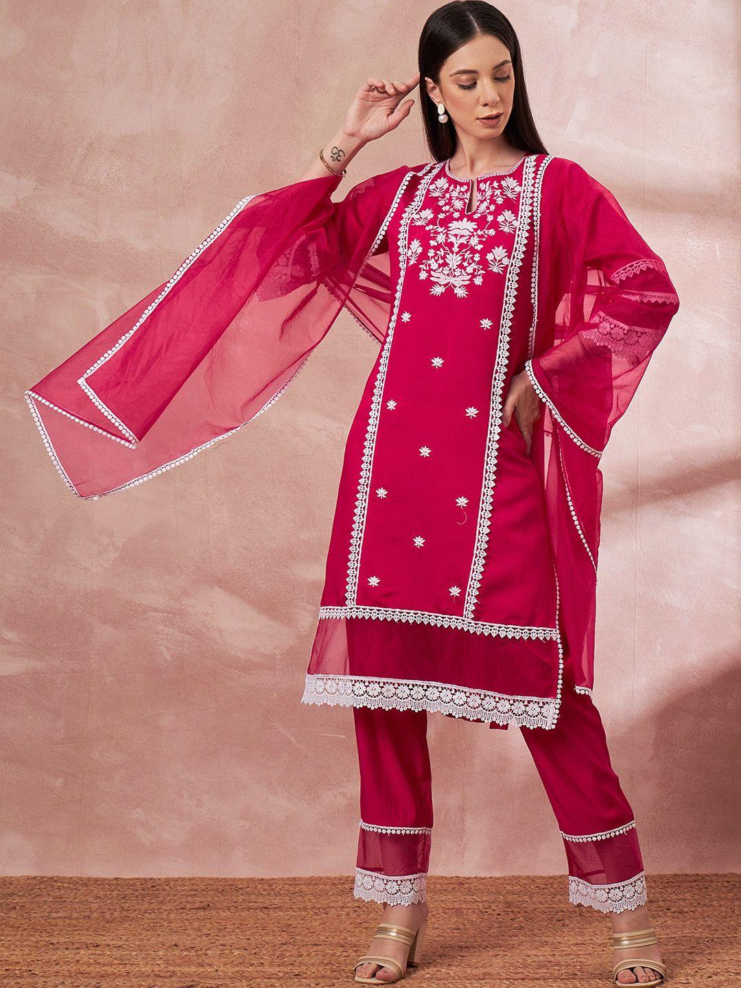 all about you pink floral embroidered thread work detailed liva straight kurta set