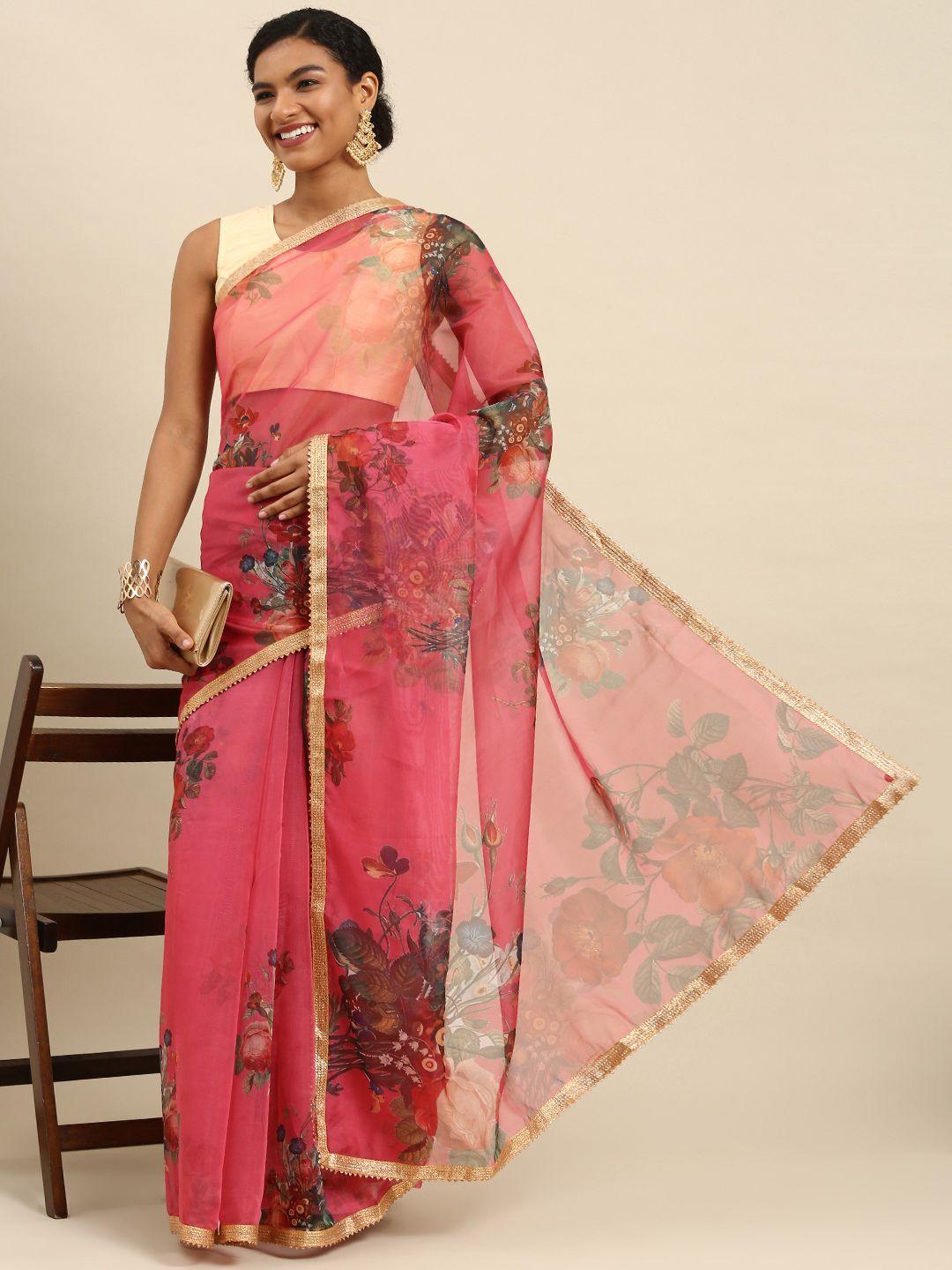 all about you pink floral print organza tussar saree