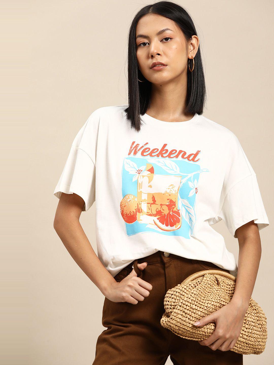 all about you printed drop-shoulder sleeves pure cotton t-shirt