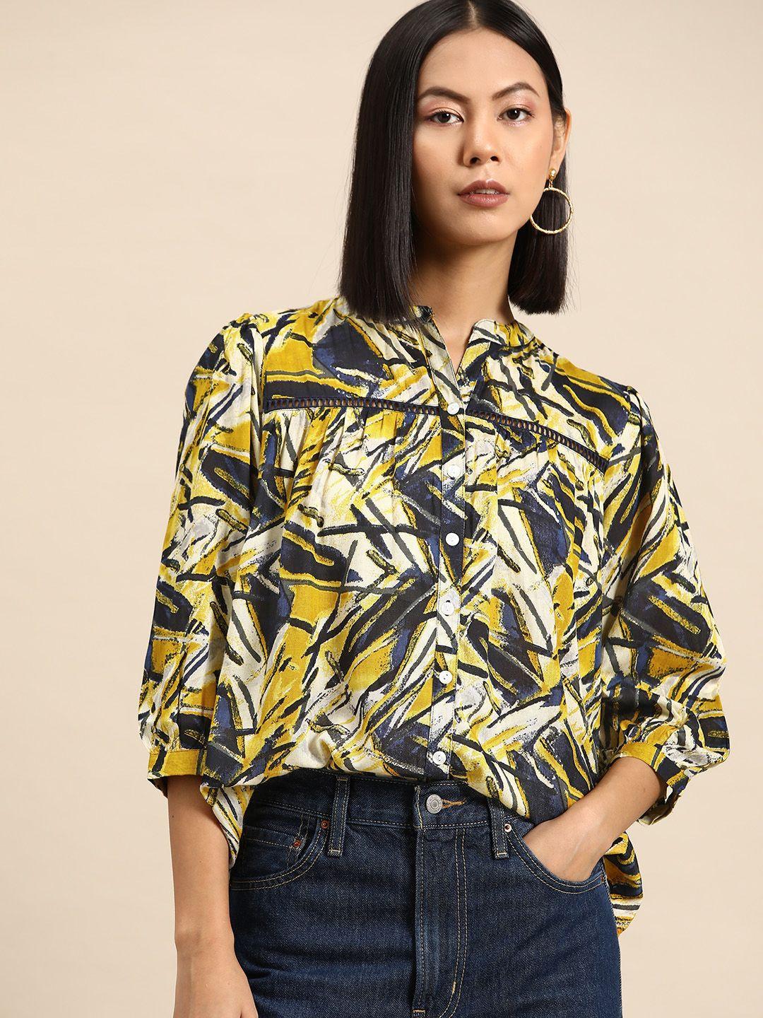 all about you printed mandarin collar puff sleeve shirt style top