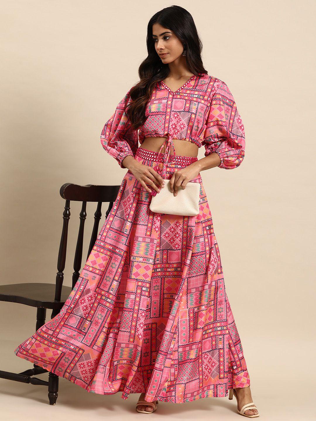 all about you printed mirror work ready to wear fusion lehenga set
