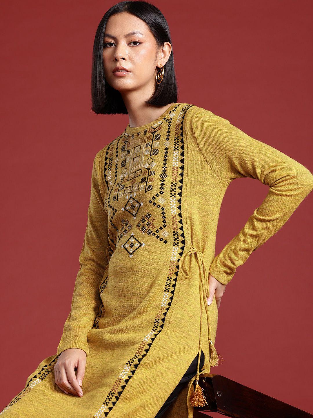 all about you pure acrylic side tie-ups knitted pattern winter kurta