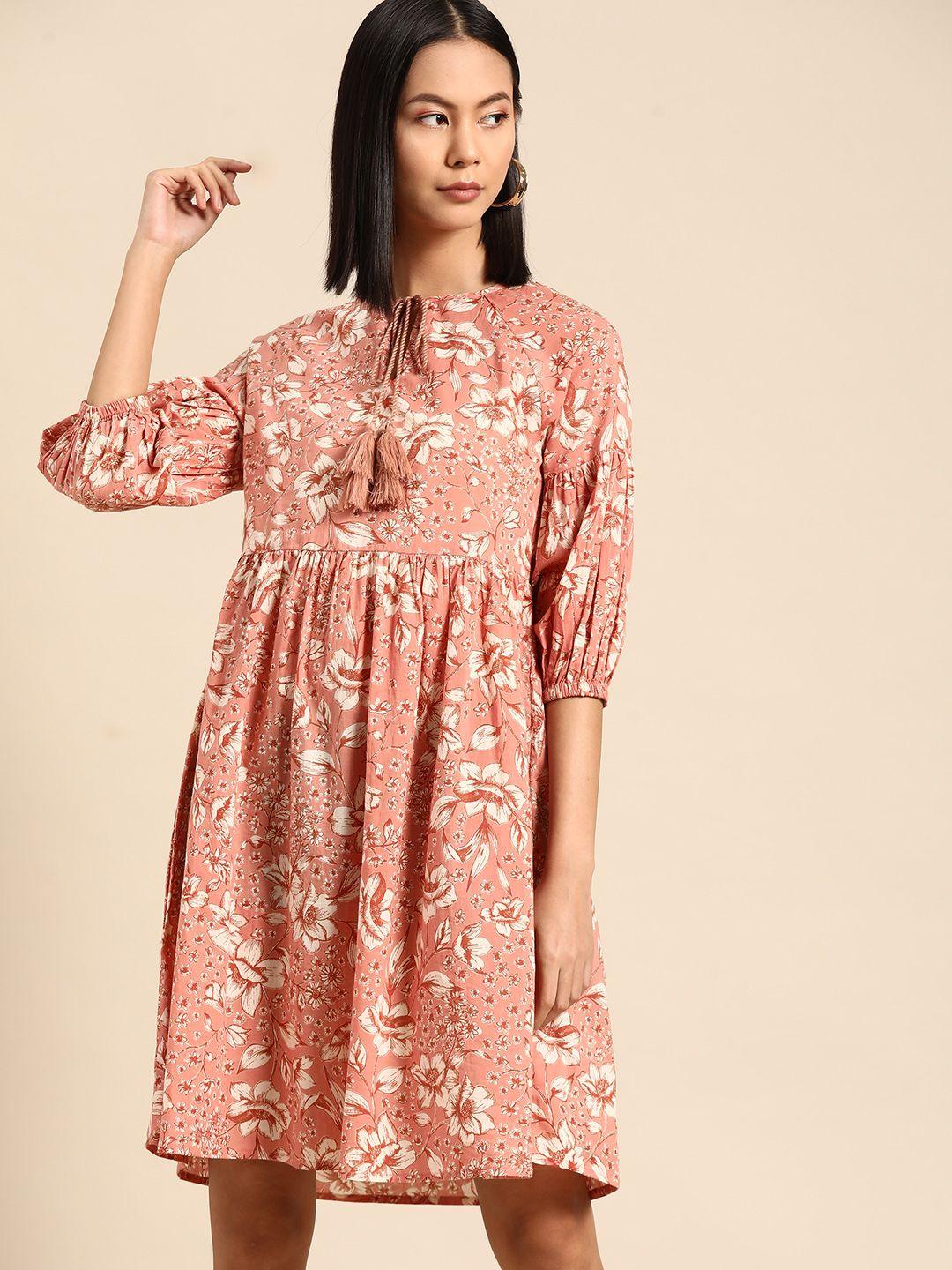 all about you pure cotton floral print tie-up neck puff sleeve a-line dress