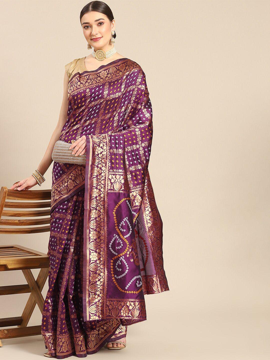 all about you purple & mustard bandhani zari silk blend kanjeevaram saree